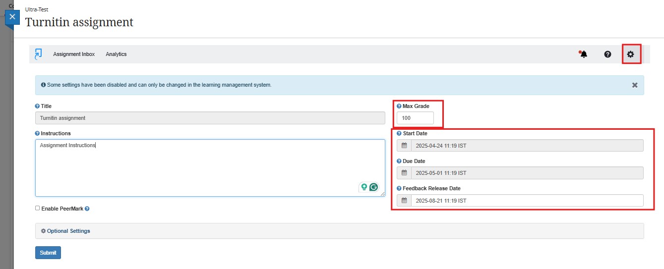 Turnitin set up screen