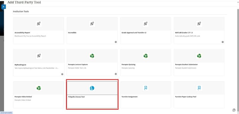 Add Third Party Tool panel displaying various institutional integrations, with a black outline selecting the