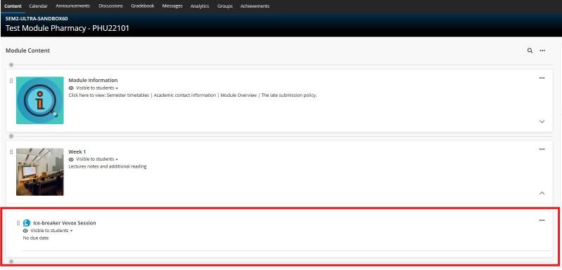 Blackboard Ultra Module Content page showing the newly added item titled