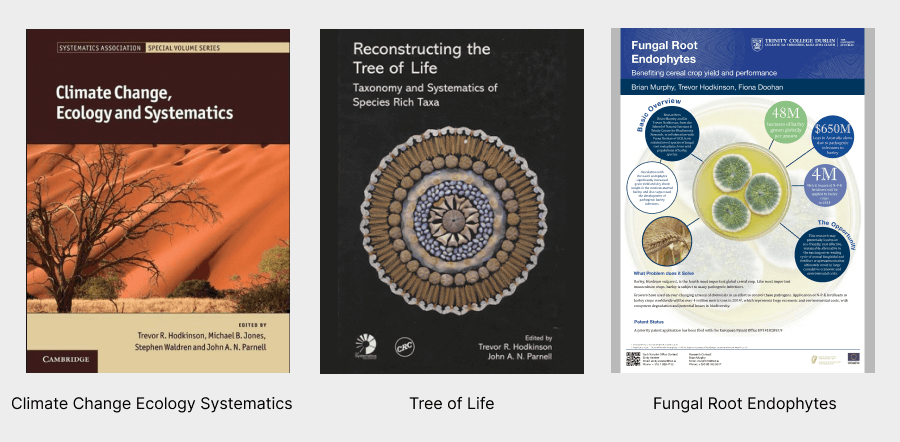 Image displaying a Fungal Root Endophytes poster, a Tree of Life cover, and Climate Change Ecology Systematics cover