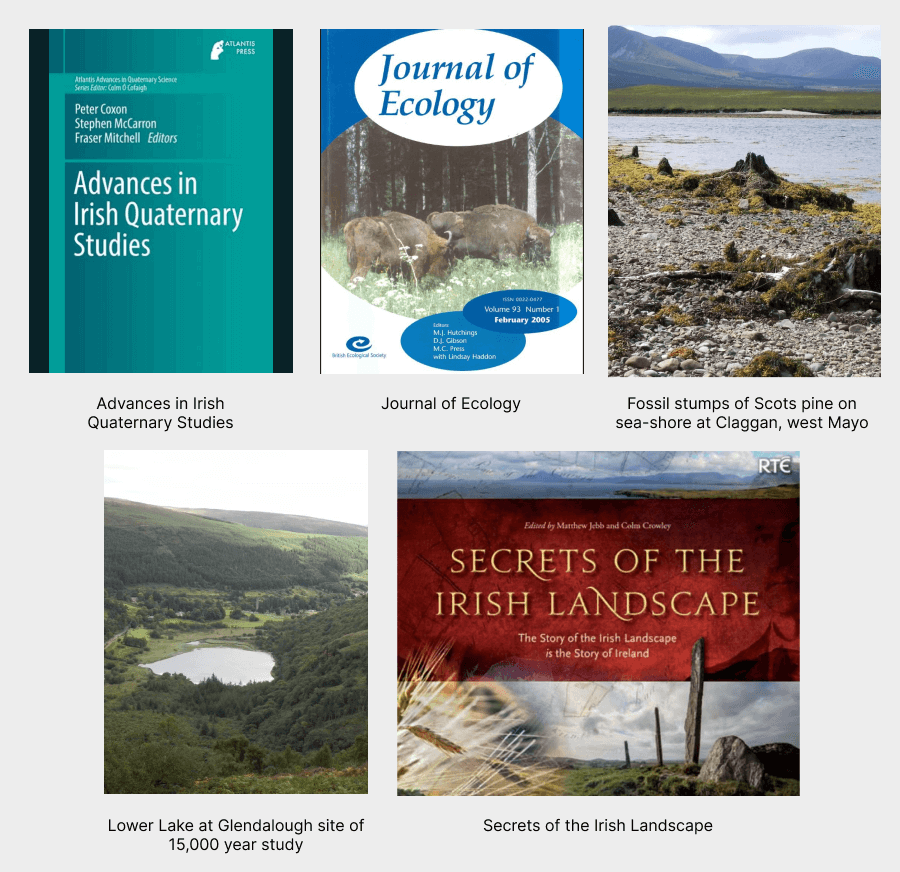 Image showing a cover of Advances in Irish Quaternary Studies, a cover of the Journal of Ecology, an image of fossil stumps of Scots pine on sea-shore at Claggan, west Mayo, an image of the Lower Lake at Glendalough site of 15,000 year study, and the cover of the book Secrets of the Irish Landscape