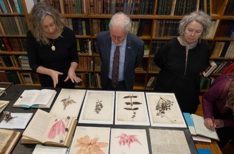 Caption: Chair of Botany Jennifer McElwain (left), Senator Malcolm Noonan (centre) and Provost Linda Doyle (right) visiting Trinity College Dublin Herbarium. 