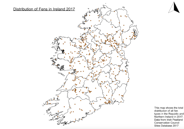 A map of Ireland illustrating the distribution of fens in Ireland in 2017