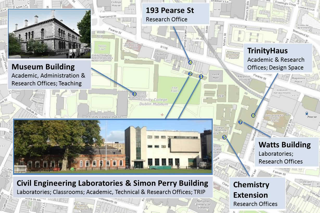 Map of locations of Civil Engineering on the TCD campus