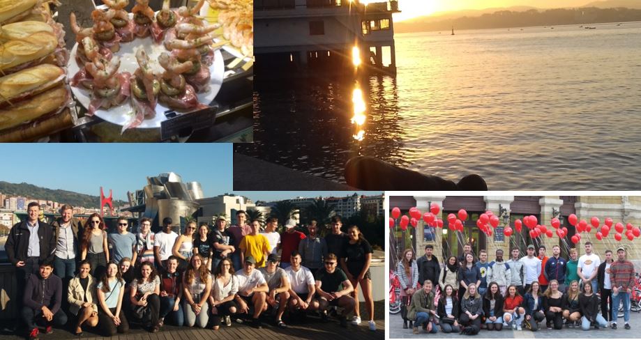 A collage of places that the Civil Engineering students visited during their field trip: the Guggenheim Museum, the pedestrian bridge the Azkuna Zentroa, the Vizcaya transporter bridge, a close up of the pintxos and zuritos the students ate, the vibrant night of the Siete Calles and Bilbao airport