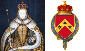 A collage depicting Elizabeth I and a coat of arms.
