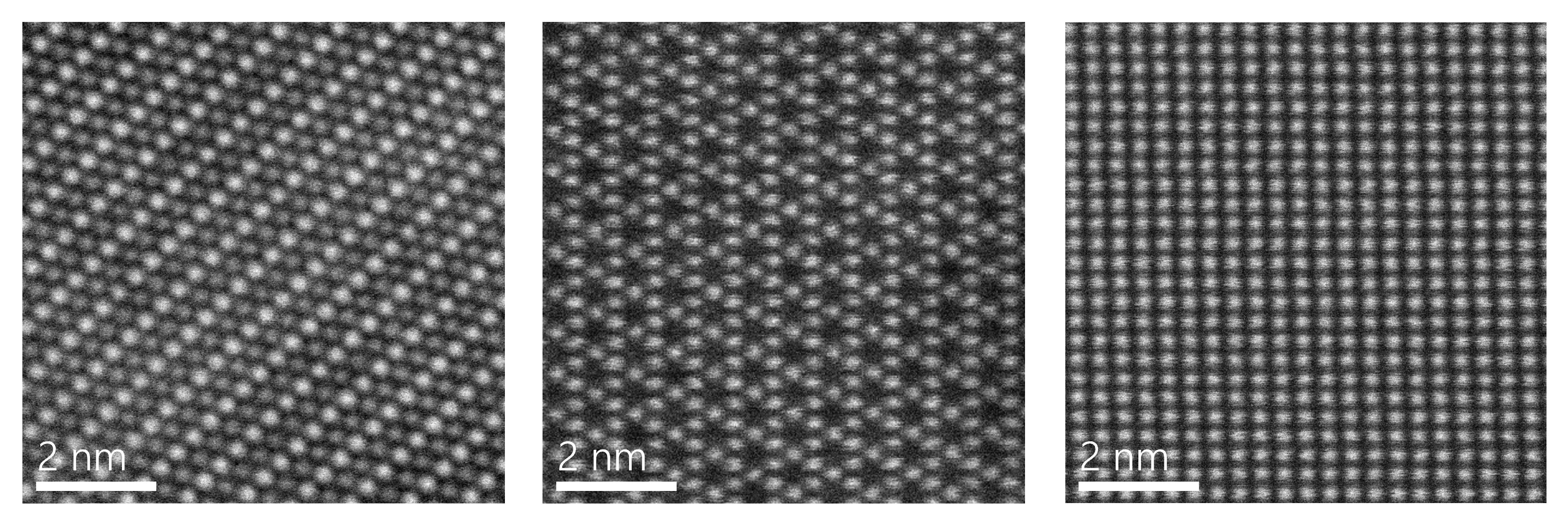 HAADF STEM images of WO3 in its three phases, hydrated-orthorhombic, hexagonal and monoclinic, respectively