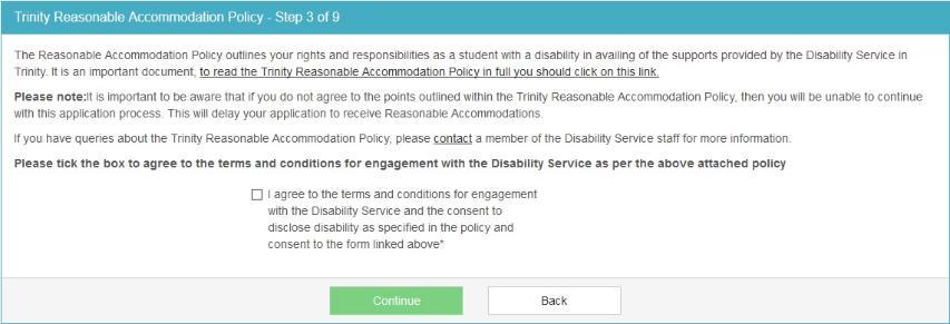 A screenshot of the fifth step involved in applying for reasonable accommodations where you accept terms and conditions