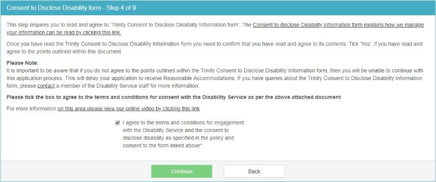 A screenshot of step 6 of applying for reasonable accommodations - read and agree Consent to Disclose Disability Information