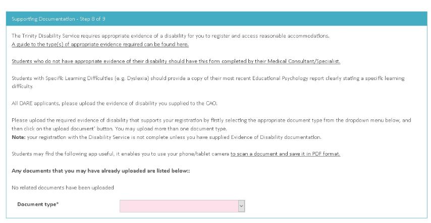 A screenshot of step 8 of 9 on applying for reasonable accommodations which is about sending in supporting documentation