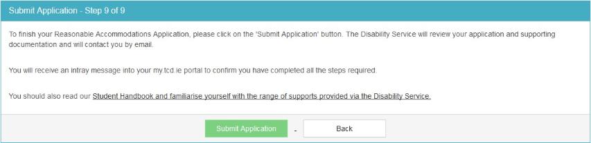 A screenshot of the submit application page when you're applying for reasonable accommodations. It asks the person to click submit application when they have finished going through the steps in the application