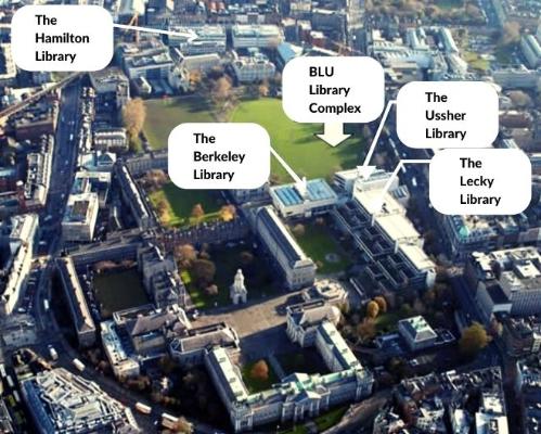 Labelled image of Trinity College Dublin showing study resource rooms