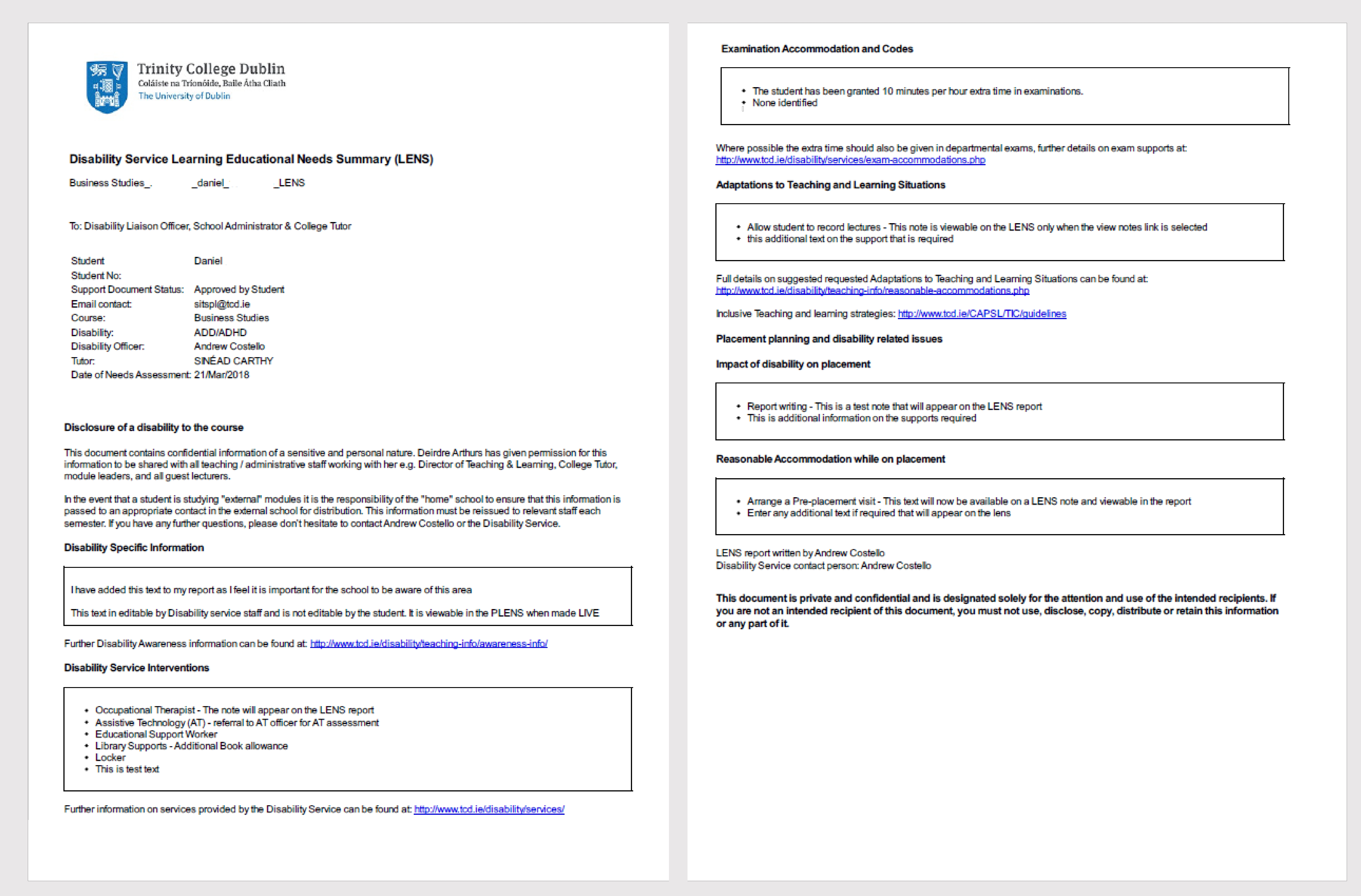 Example of student lens report