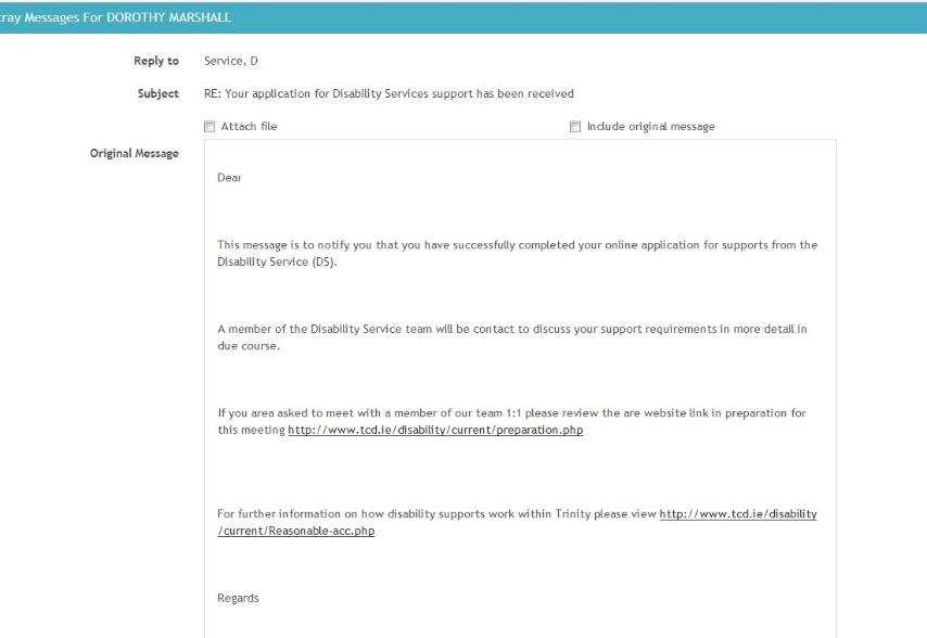 A screenshot of You will receive an in-tray message to your my.tcd.ie portal to confirm that you have completed all the steps required in applying for reasonable accommodations