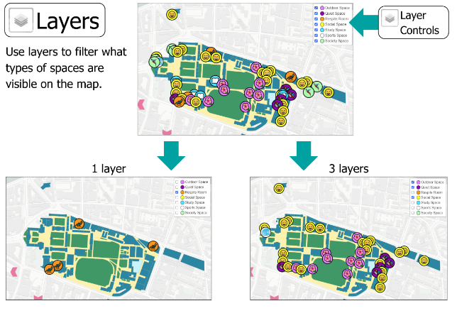 Use layers to filter what types of spaces are visible on the map. Layer Controls: Outdoor spaces, quiet spaces, Respite room, social spaces, study space, sports space, society space. 1 layer example with respite space selected. 3 layers example with outdoor space, quiet space, and social space selected