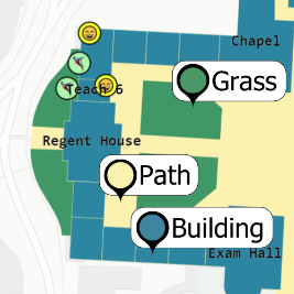 Zoom in on front square. Grass is green, buildings are blue, path is beige
