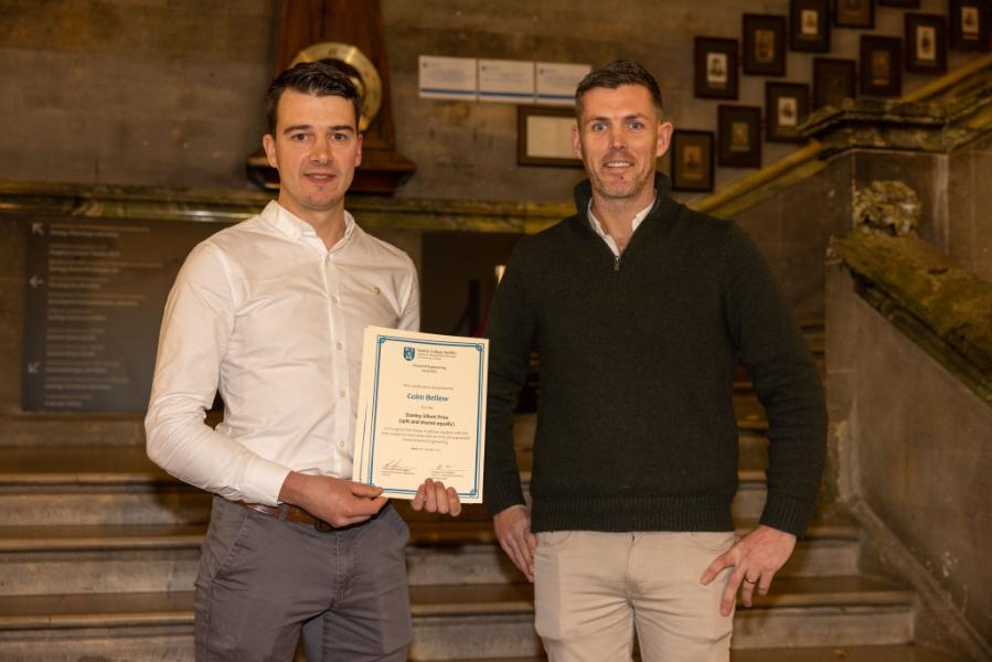 an image of Colm Bellew, winner of the Alexander Prize, the RPS Senior Sophister Engineering Prize and the Stanley Elliott Prize with Prof Monaghan