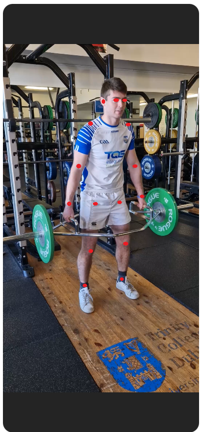 A person lifting weights with digital markers overlaid
