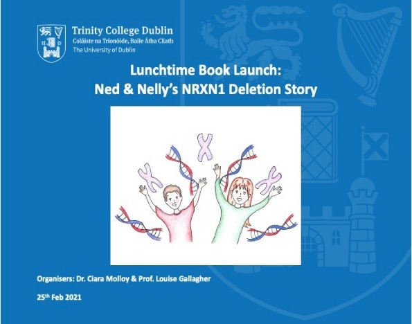 An image of a slide with the book cover of Ned and Nelly's NRXN1 Deletion Story. The cover has a boy and a girl with their hands up and DNA strands and chromosomes over them