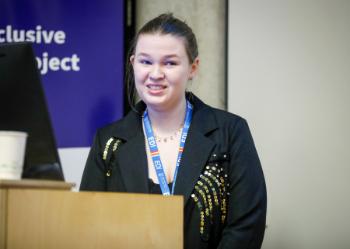 Trinity-INC Student Partner Eva Cunningham speaking at the #InclusiveTrinity Symposium