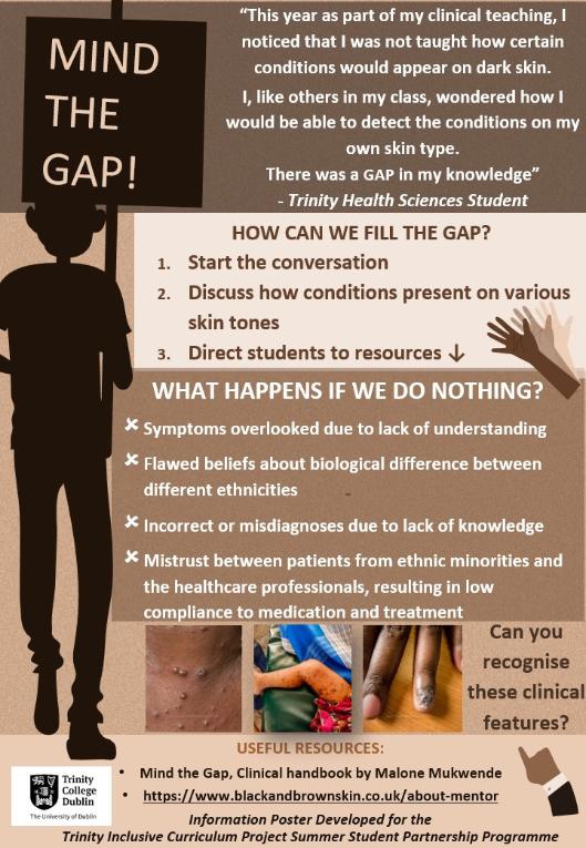 Mind the Gap poster related to a Health Science student demonstrates the problem with having representations of skin conditions on white skin only
