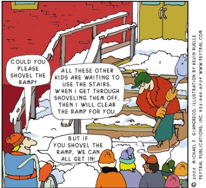 Cartoon giving an example of universal design. A bunch of children wait to enter their school, one of them is in a wheelchair. Entrance to the school is via steps or a ramp. There is snow on the ground and a man is shovelling the snow off the steps. Child in wheelchair:
