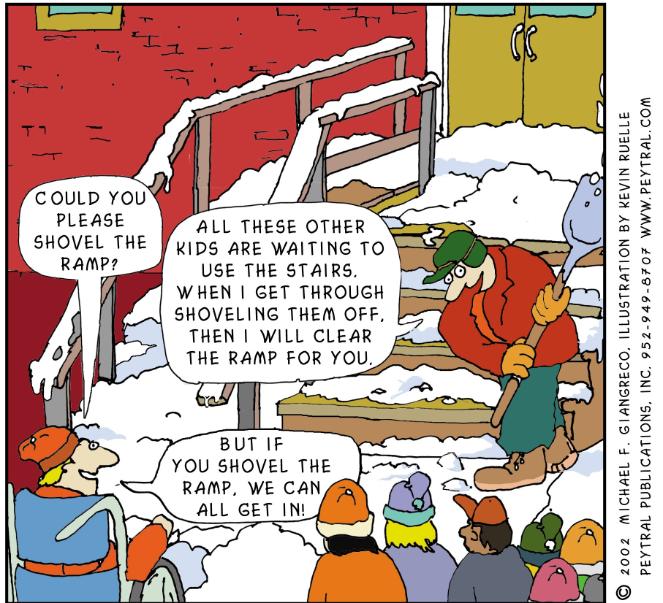 Cartoon giving an example of universal design. A bunch of children wait to enter their school, one of them is in a wheelchair. Entrance to the school is via steps or a ramp. There is snow on the ground and a man is shovelling the snow off the steps. Child in wheelchair: