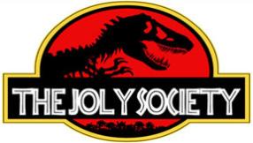 Joly Society Logo, red and white with a dinosaur skeleton.