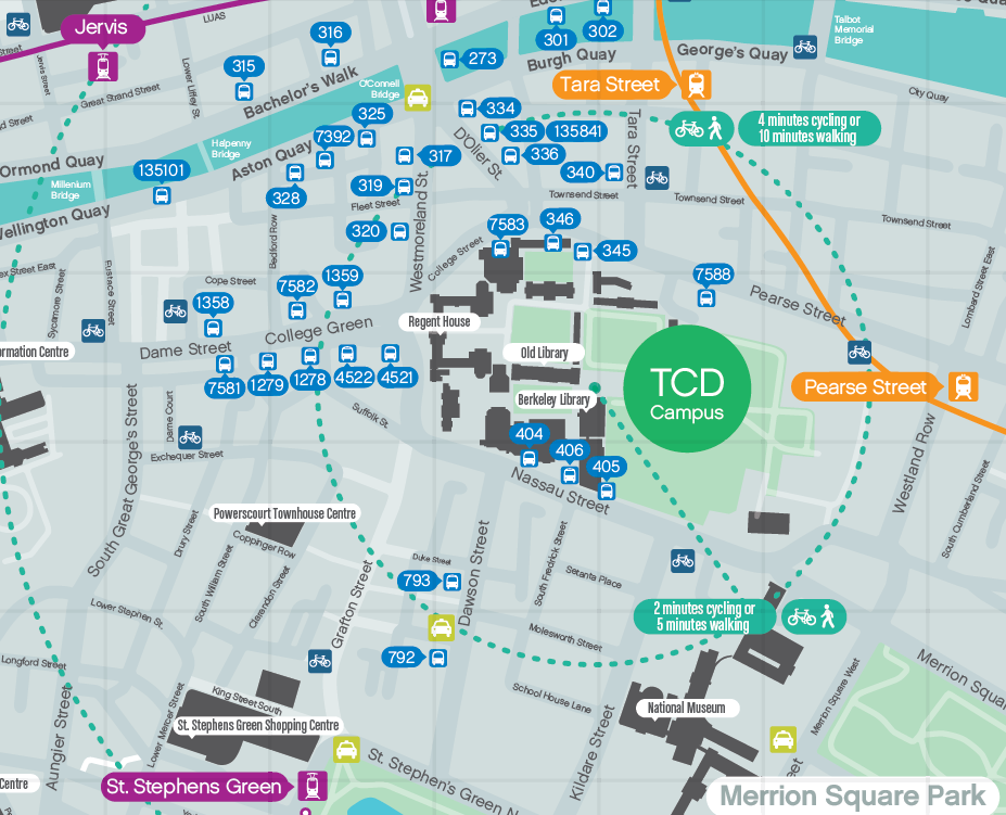 Buses, Luas, Dart, Dublin Bikes to Trinity Main Campus