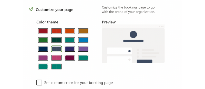 A photo of the color chart and preview available on Microsoft Bookings