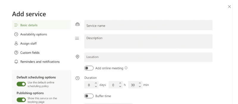 A screenshot of the different options available under add service on Microsoft Bookings