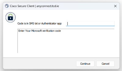 Cisco anyconnect.tcd.ie VPN verification code prompt