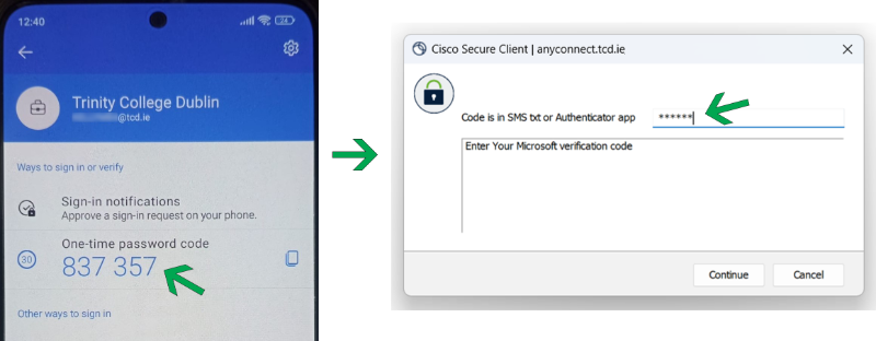 Enter Microsoft Authenticator OTP into Cisco VPN login box