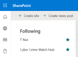 Screenshot of list of Followed sites on SharePoint