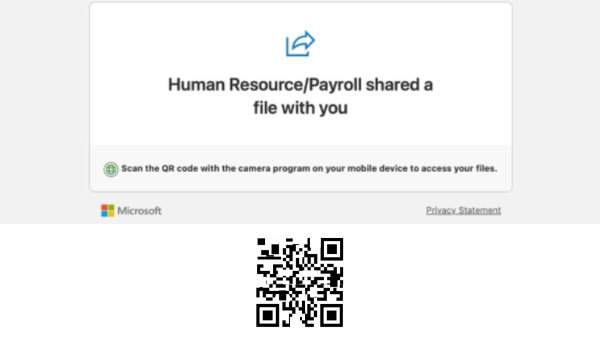 Example of a phishing email with a QR code embedded in the email body
