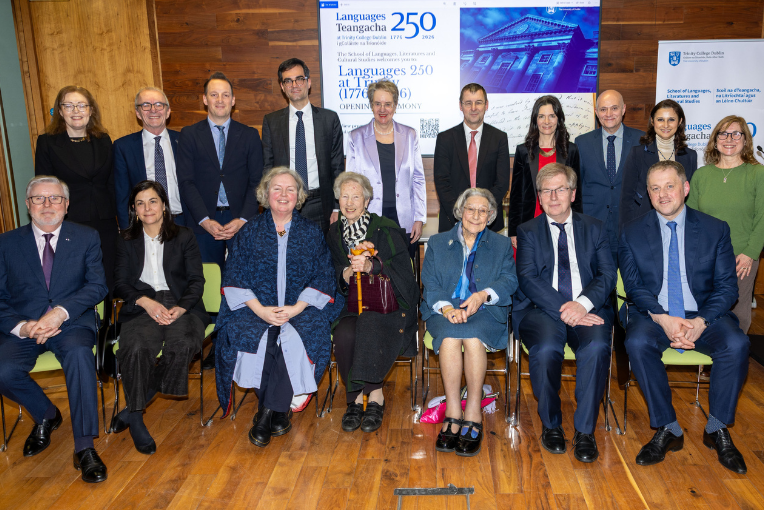 A group of representatives of Embassies gathered in the Long Room Hub for the Languages 250 at Trinity Opening Ceremony.