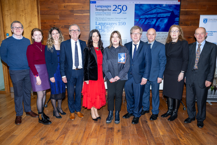 Members of the Languages 250 at Trinity working group, standing in a group, at the Opening Ceremony in the Long Room Hub.
