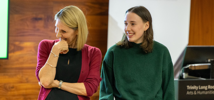 Dr Rachel Hoare and her daughter seated in the Long Room Hub.