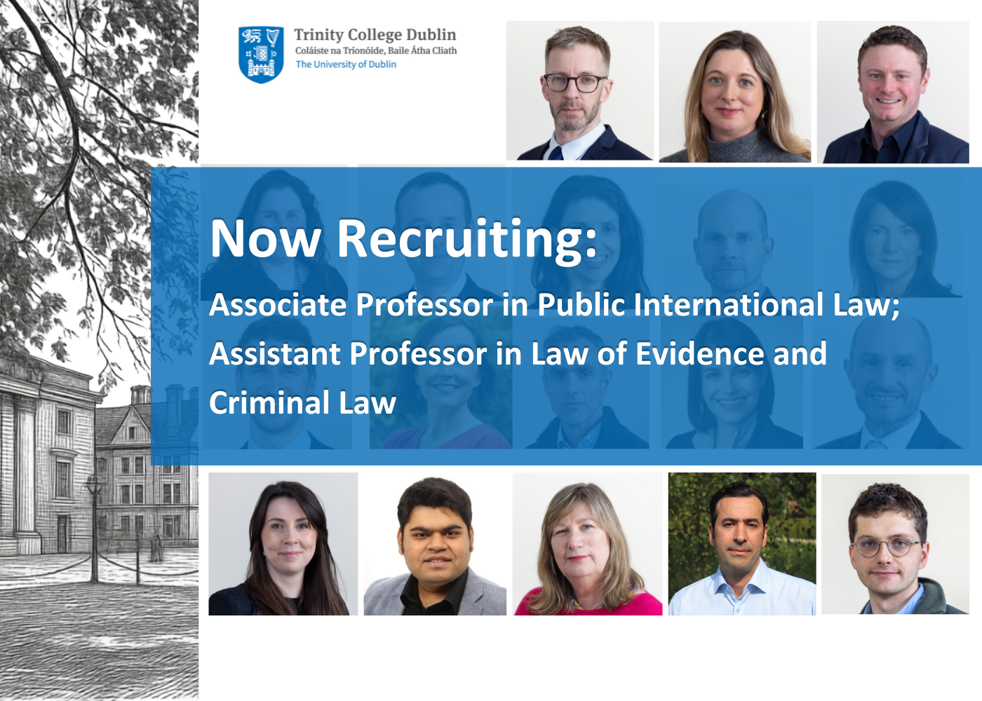 Trinity College Dublin recruitment for Associate Professor in Public International Law and Assistant Professor in Law of Evidence and Criminal Law, featuring headshots of diverse faculty members.