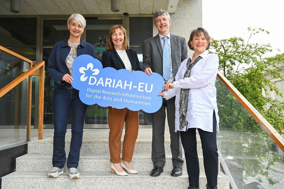 Professor Jennifer Edmond, pictured right, on the steps of the Trinity Long Room Hub