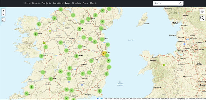 Map of Ireland tracing networks of early Irish cinemas