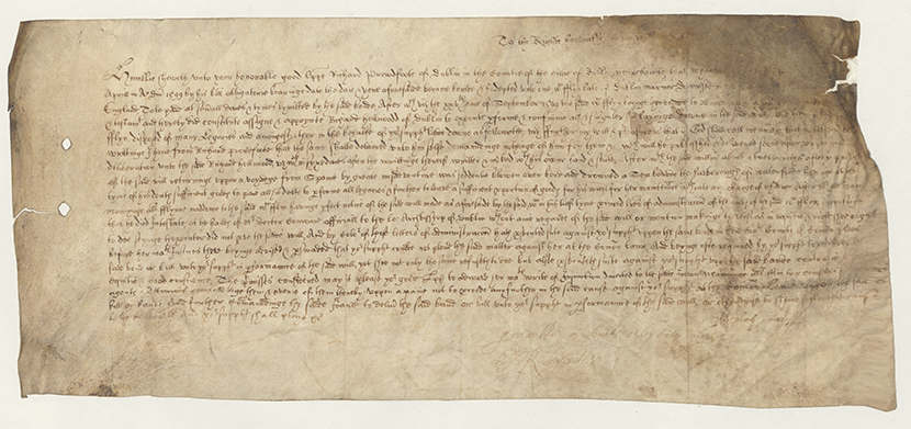 A record of the C ourt of Chancery. Richard Proudfoot of Dublin, merchant v Joan Manning alias Flynn widow of William Flynn who was lost overboard from the 'Harborough' of Waterford, returning from Spain, regarding debt, after 1599. Courtesy of National Archives of Ireland
