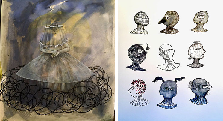 Veiled girl surround by wire and various heads art montage