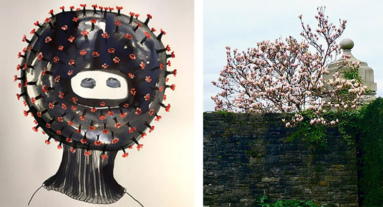 Rita duffy black head with blossoms protuding and blossom tree montage