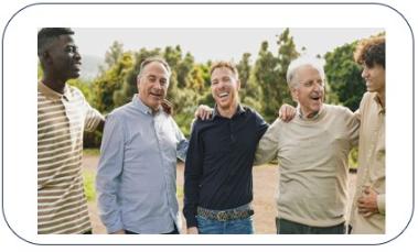 three older men standing and chatting and smiling