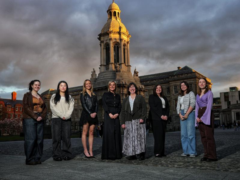 Scholarship winners Alanna Hayes, Sandy Li Bin Chen, Lily Fitzgerald, Keavy Gorman (Director of People Development, Three Ireland), Sylvia Draper (Dean of the Faculty of STEM, Trinity), Abigail O'Brien Murray, Holly MacEntee and Charlotte Ledwidge.