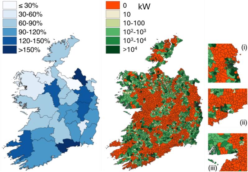 Change of new BEV registrations 2021-2024 (%) per county showing fastest growing regions. Right-  Available demand capacity from ESB availability capacity map with insets on Dublin (i), Cork (ii), and Galway (iii)
