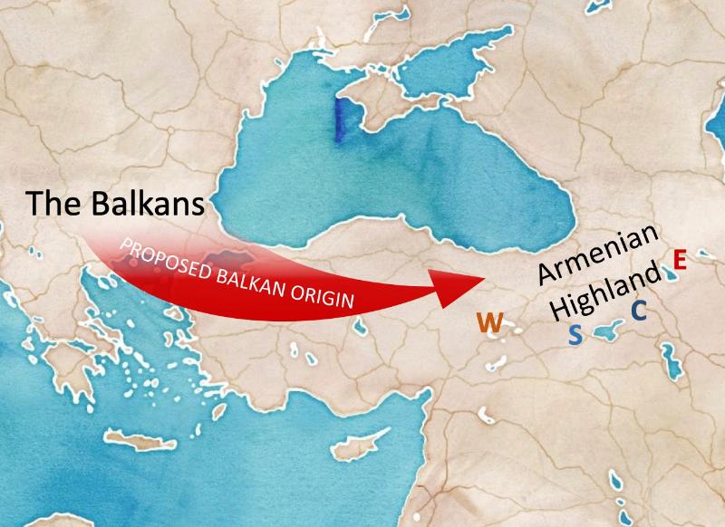 A colourful segment of the world map, showing the newly debunked Balkan theory of Armenian origins.