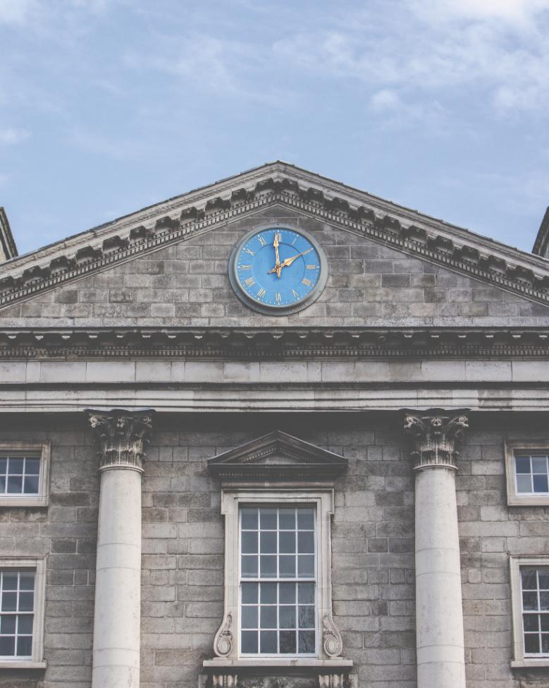 The blue clock that overlooks Trinity's Front Square