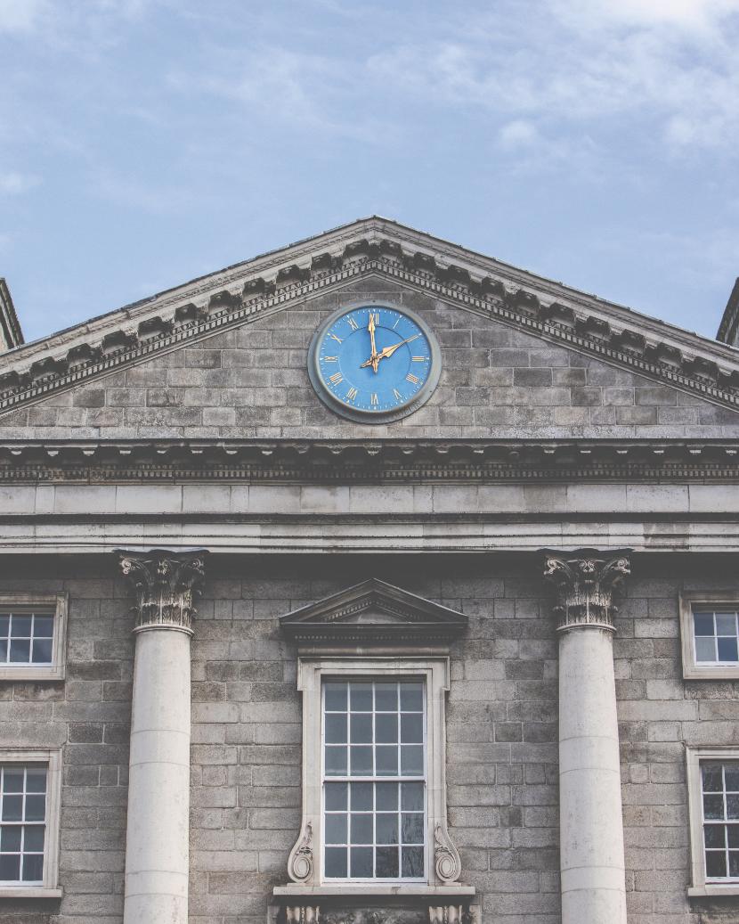 The blue clock that overlooks Trinity's Front Square